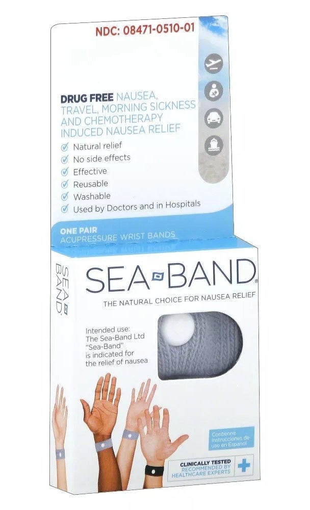 The box of sea bands, with models reaching out to display the bands