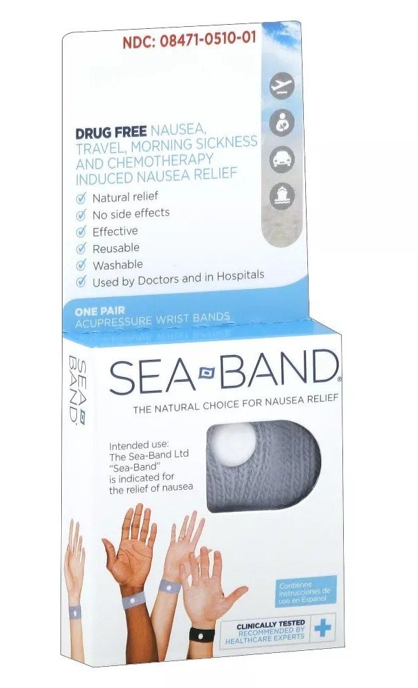 The box of sea bands, with models reaching out to display the bands