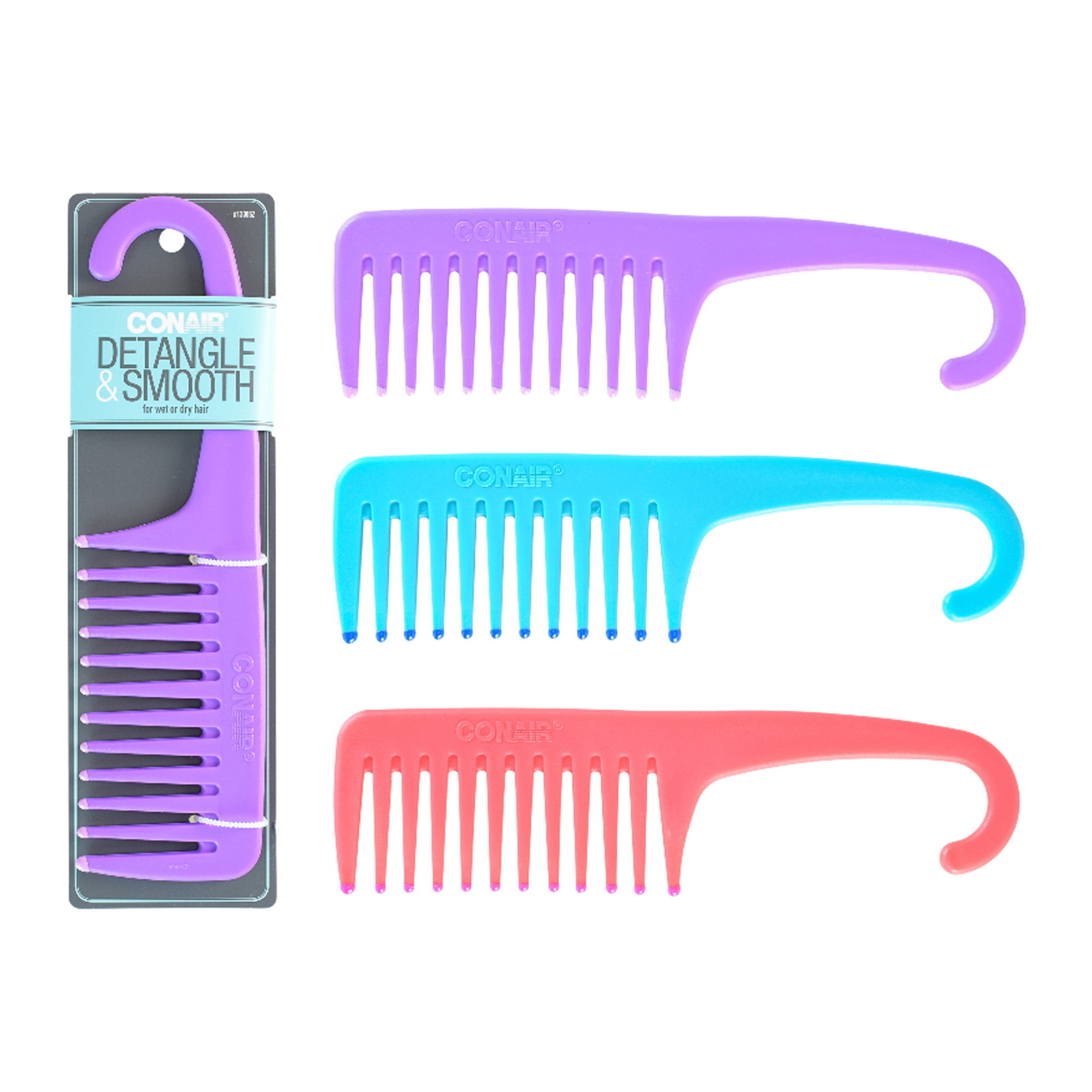 set of detangling combs in the colors purple, coral and neon blue.