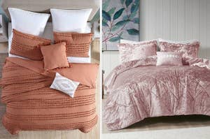 Two images of orange and pink bedding