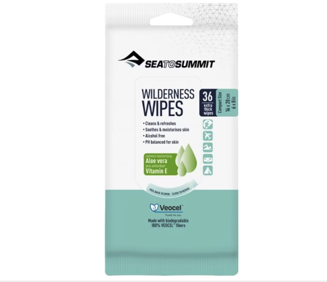 Packaging of Sea to Summit wilderness wipes with aloe vera and vitamin E, emphasizing biodegradability and skin-friendly ingredients