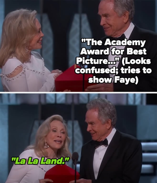 the two on stage announcing la la land as the winner