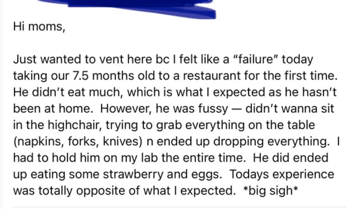 Disappointed and surprised mom vents about feeling like a failure because they took their 7 1/2-month-old to a restaurant for the first time and he was fussy, didn&#x27;t want to sit in the high chair, and tried to grab things on the table and drop them