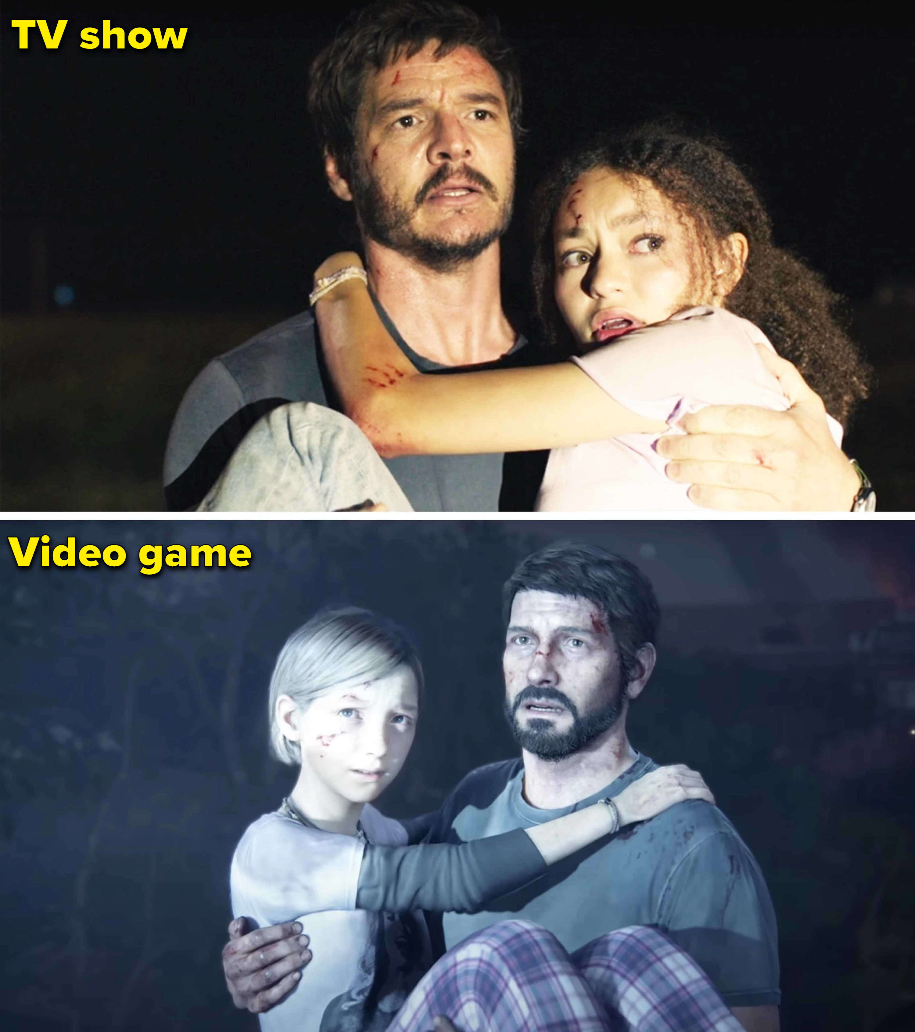 Side-by-side screenshots from &quot;The Last of Us&quot; movie and game