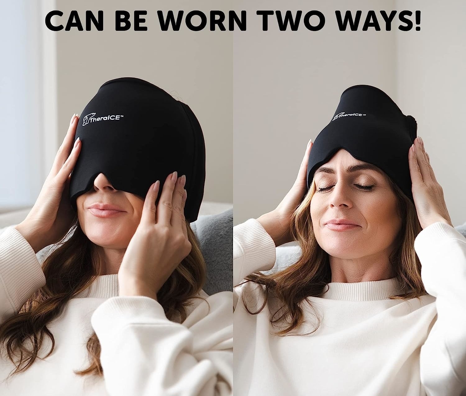 a person sitting on a couch while wearing the slip-on head wrap two different ways