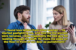 Woman holding husband's phone, accusing him of something