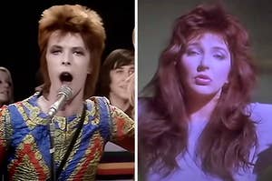 On the left, David Bowie performing Starman, and on the right, Kate Bush in the Running Up That Hill music video
