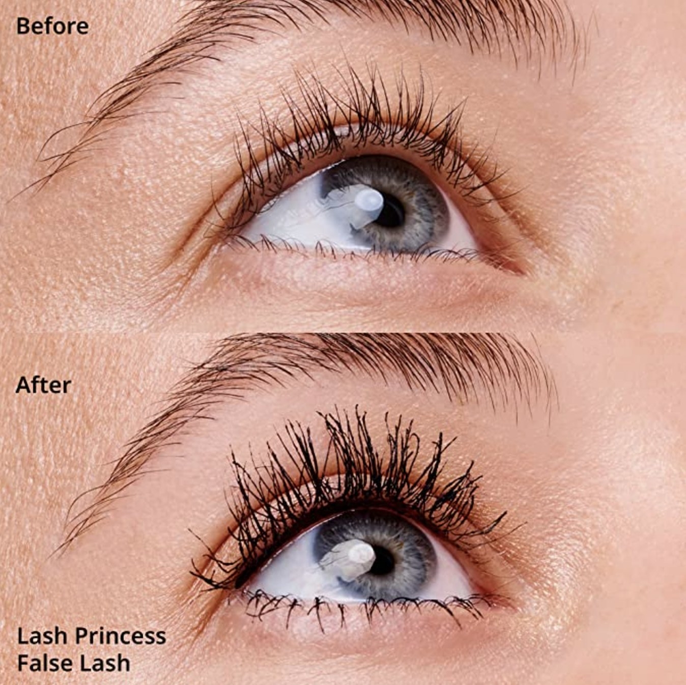 A before and after shot of someone with blue eyes wearing the mascara
