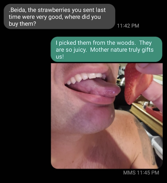 Scammer who asks about strawberries and gets sent a strange picture of someone eating strawberries with their tongue out