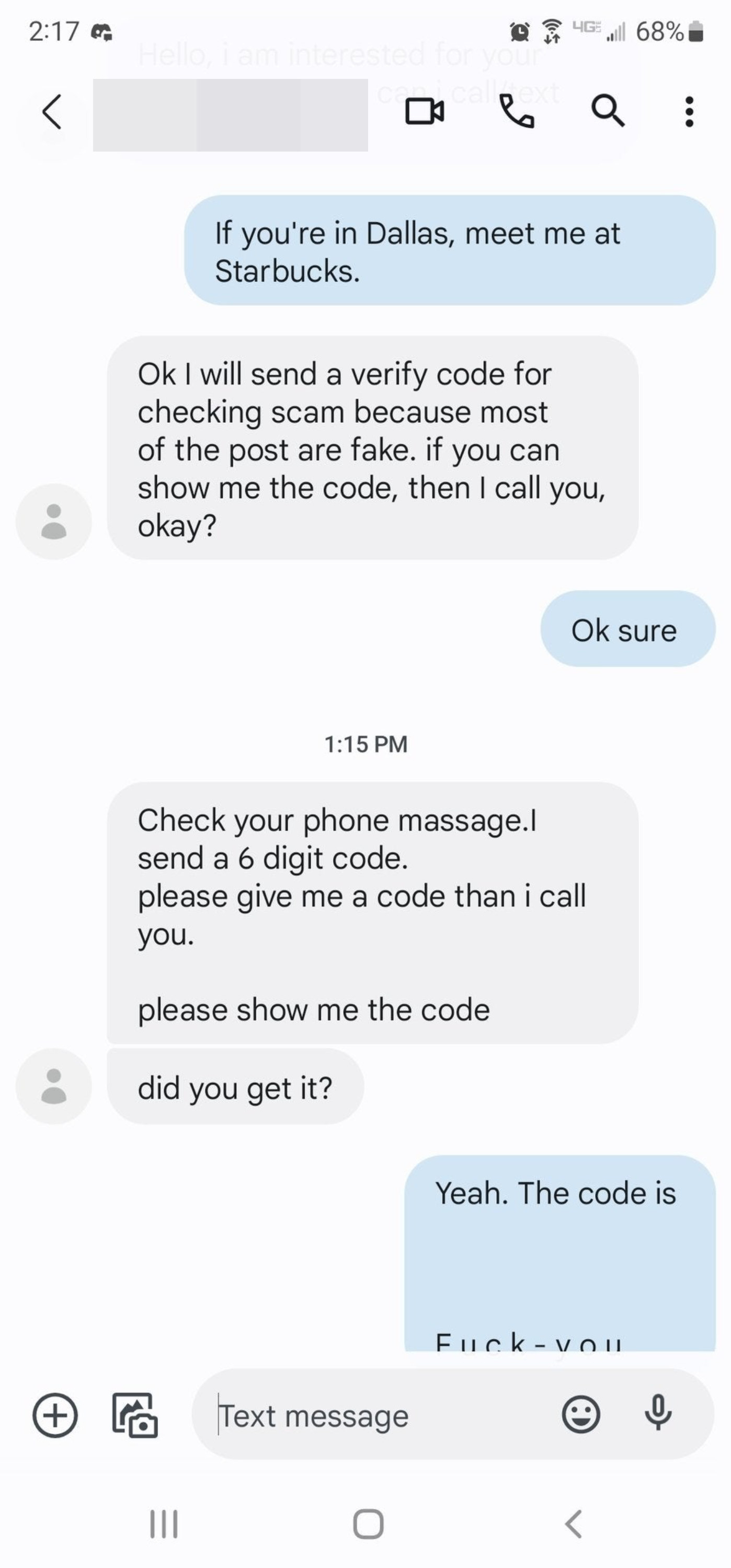 Scammer who asks for a 6-digit code and gets sent a cussword