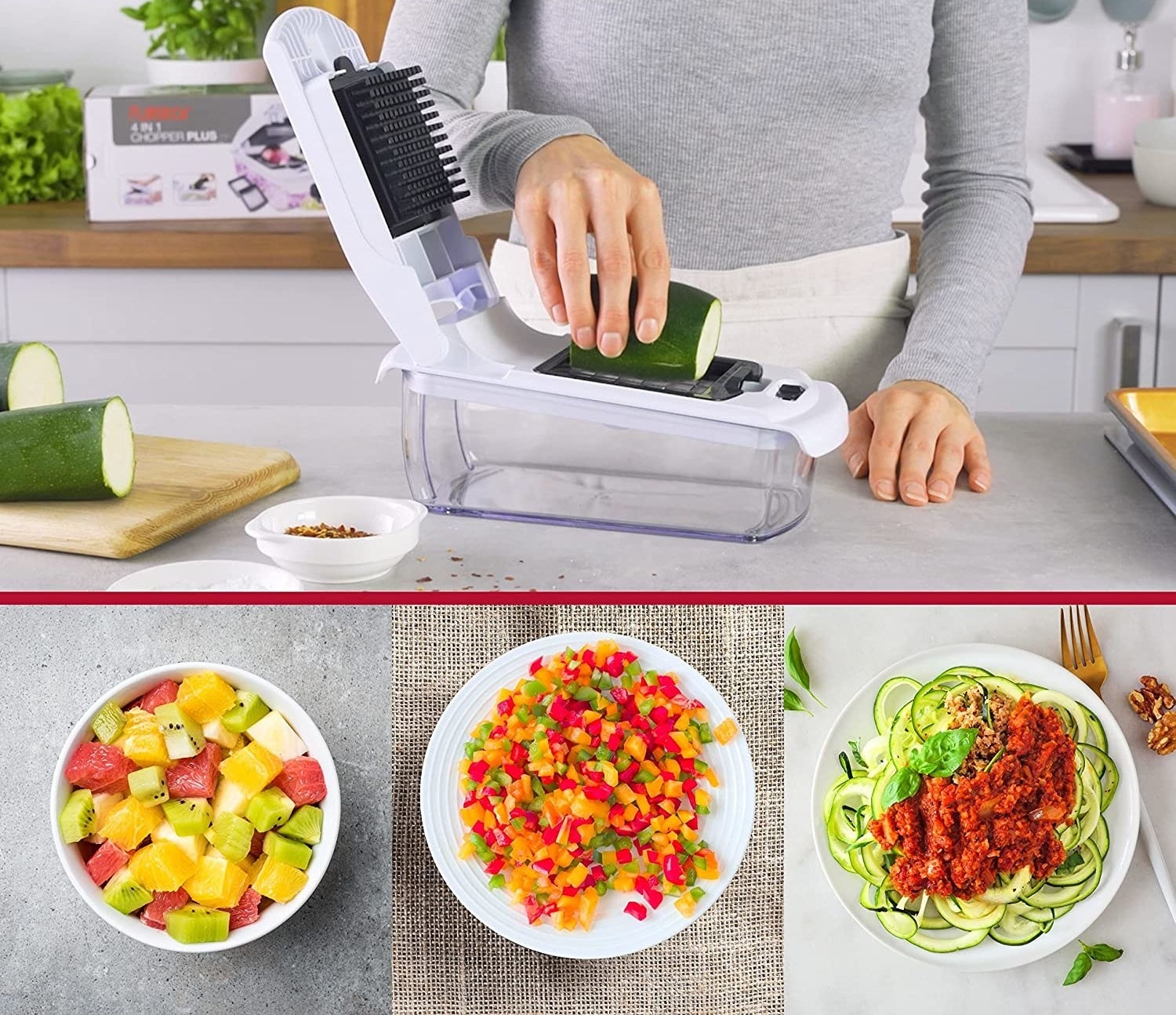 A person chopping veggies with the contraption