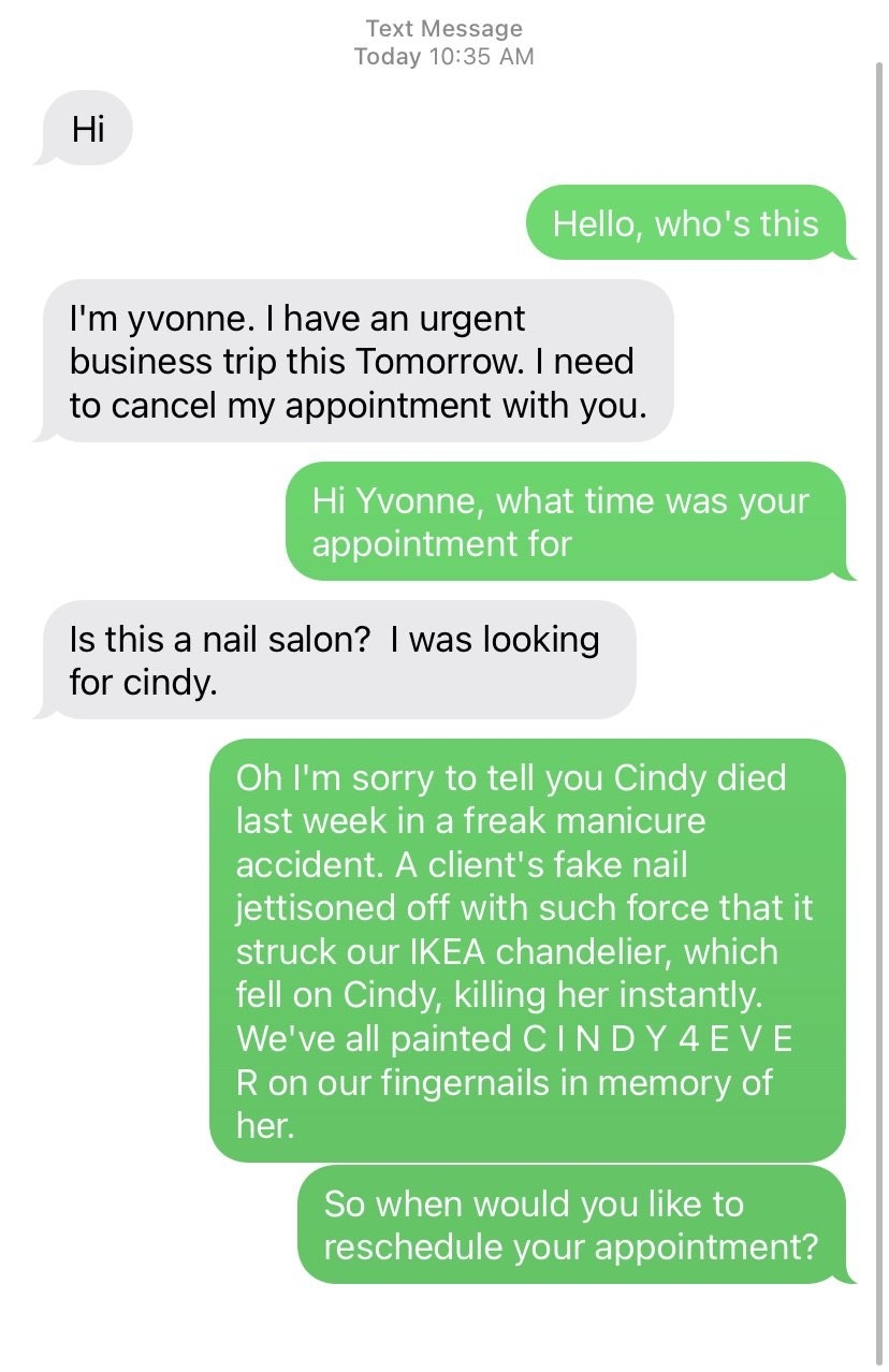 Scammer who asks about a person named Cindy, and a person makes up a story about Cindy getting injured by a fake nail