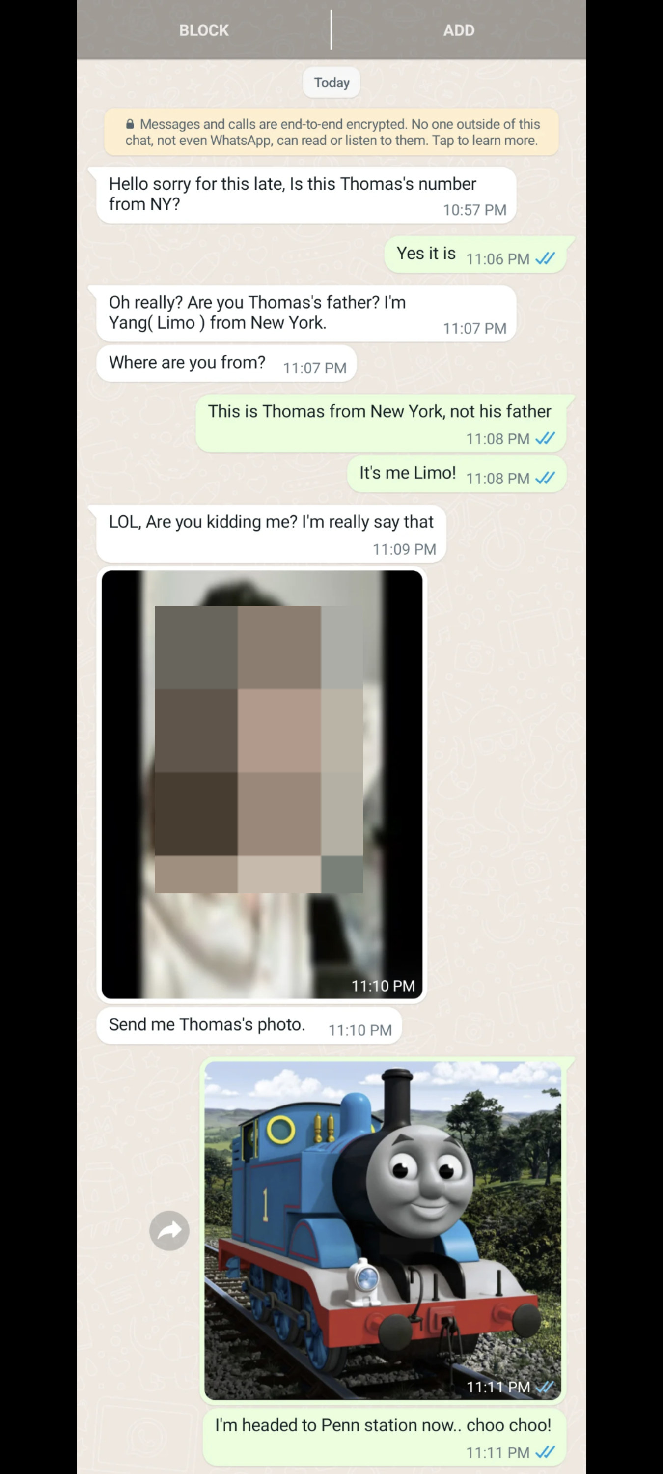 Person who tells a scammer their name is Thomas and sends a picture of the tank engine