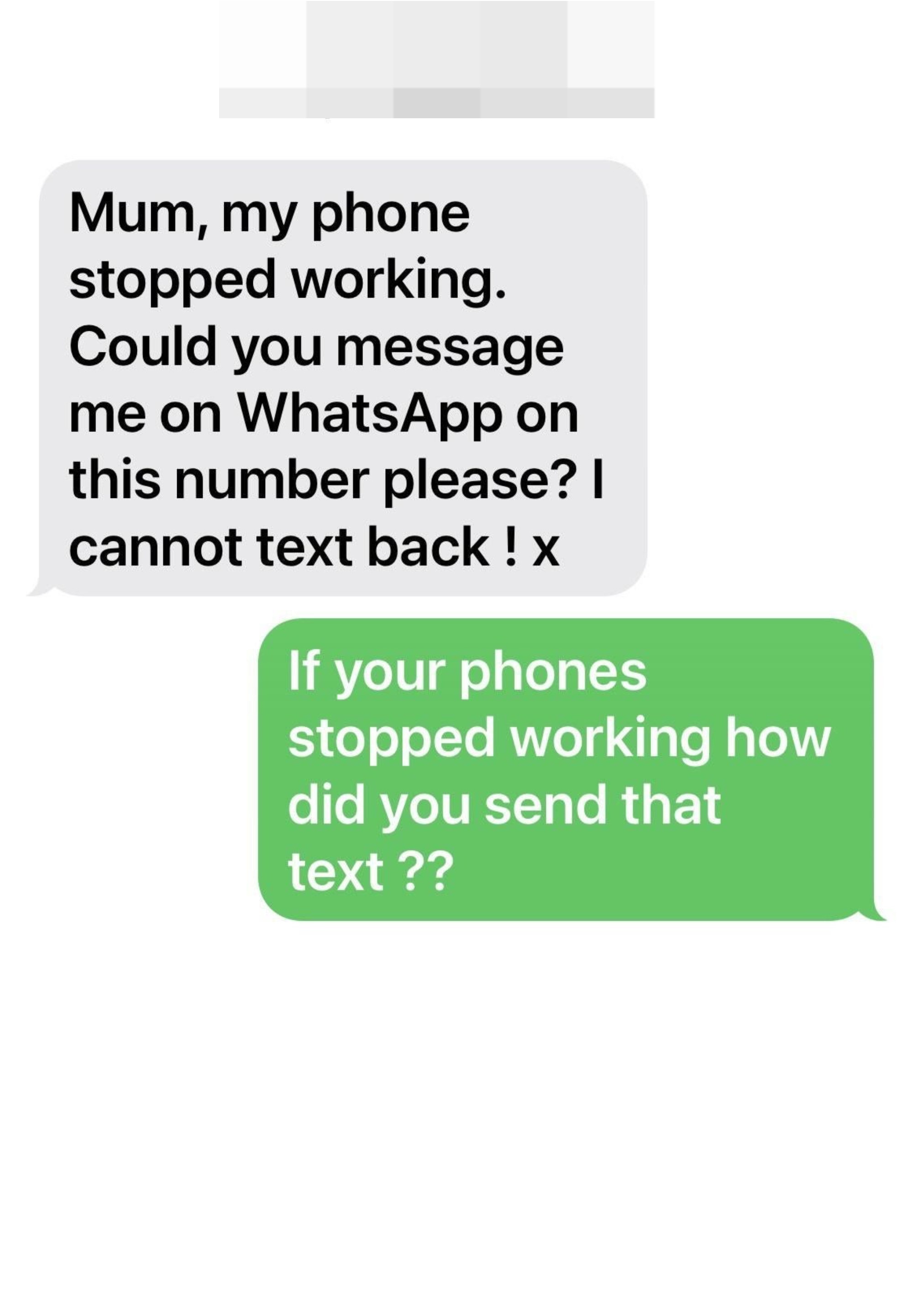 Scammer who sends a text about losing their phone from a phone and gets called out