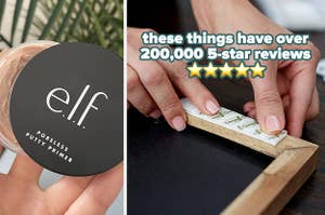 a tub of elf poreless putty primer, a command photo hanging strip 