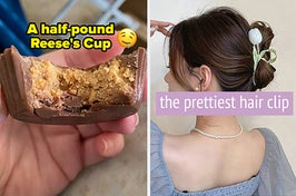 L: a half-pound reese's cup that's been bitten into to show the thick layer of peanut butter R: model wearing a blue tulip claw clip