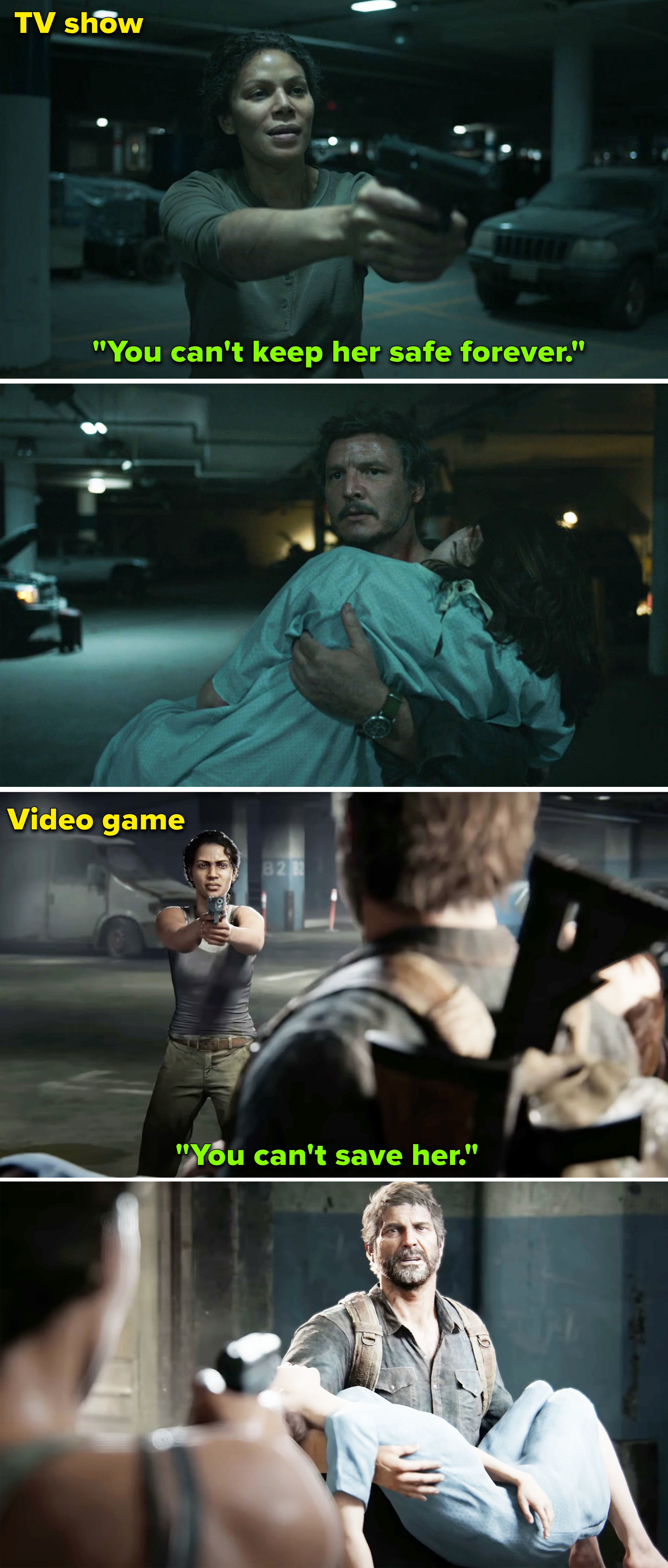 Side-by-side screenshots from &quot;The Last of Us&quot; movie and game