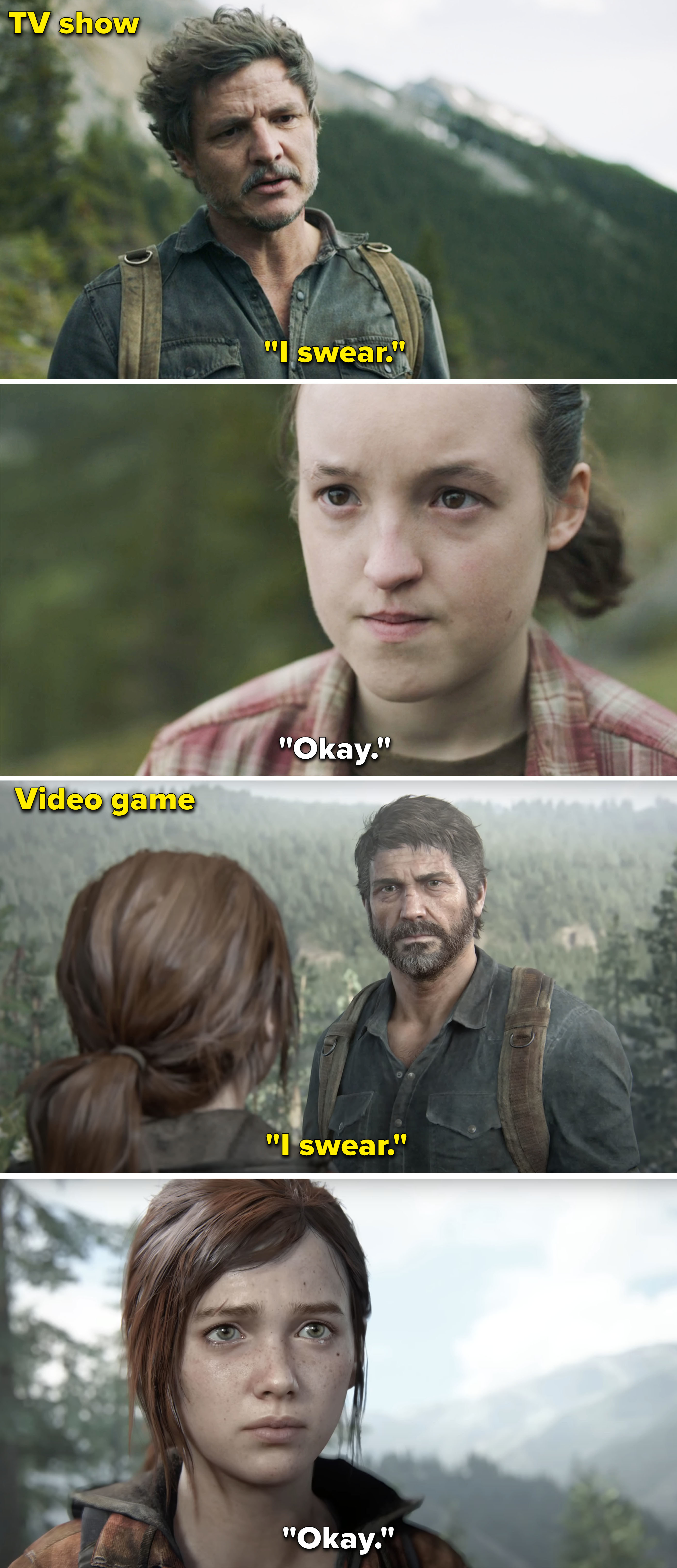 Side-by-side screenshots from &quot;The Last of Us&quot; movie and game
