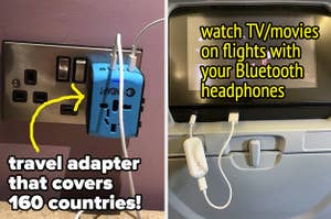 travel adapter plugged into an outlet with USB cords in it, plug in to plane tv screeen