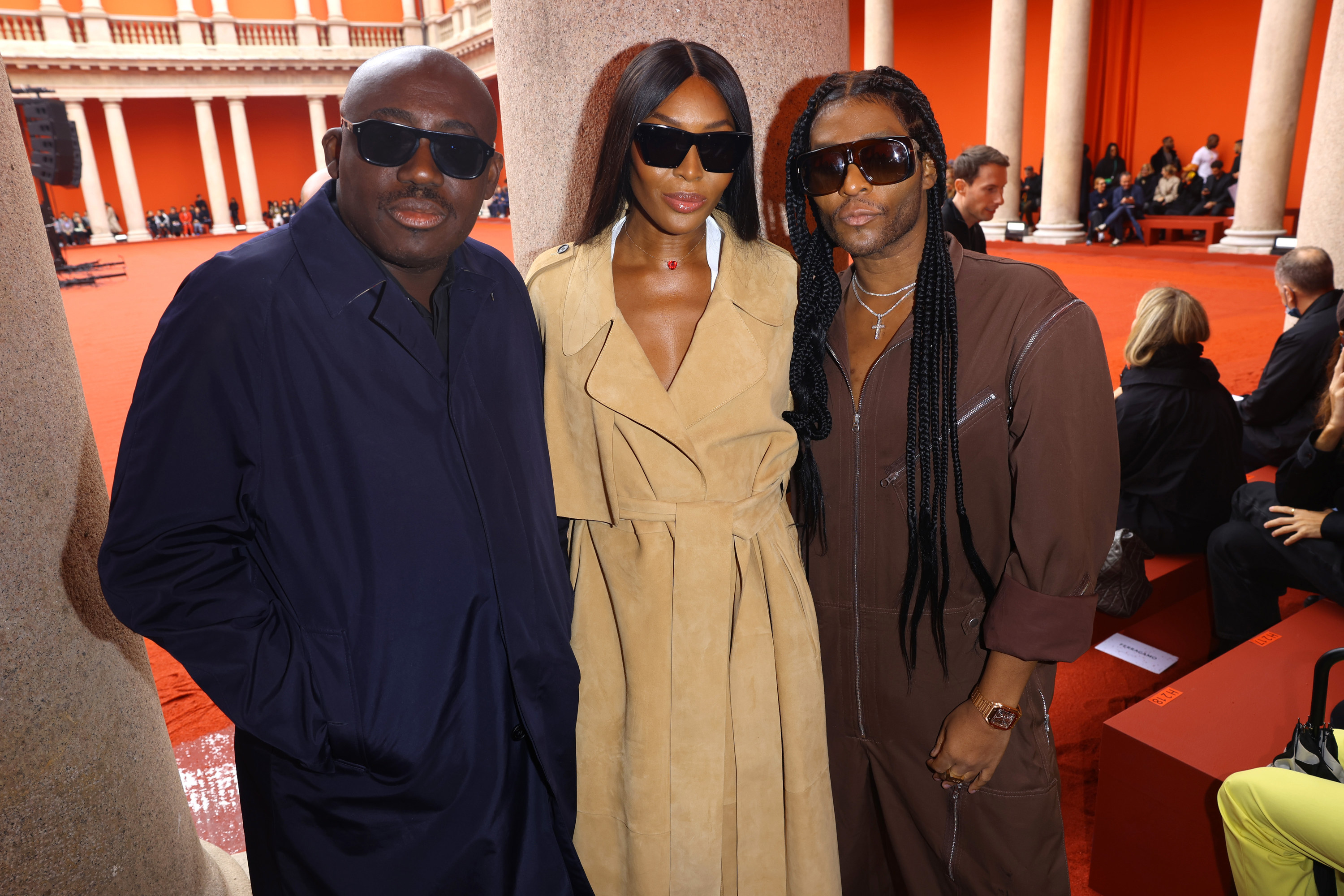 Edward Enninful, Naomi Campbell and Law Roach at a fashion show in Milan, Italy