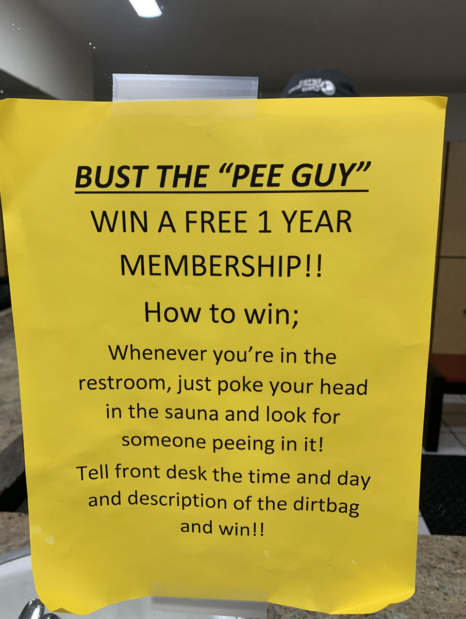 A note asking for people&#x27;s help in identifying whoever is peeing in the sauna