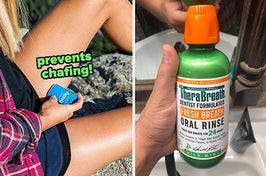 model applying product to inner thigh to prevent chafing / reviewer holding TheraBreath oral rinse bottle