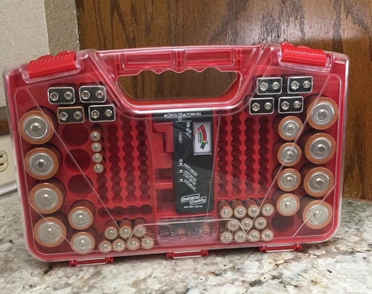 Reviewer&#x27;s Battery Daddy organizer filled with batteries