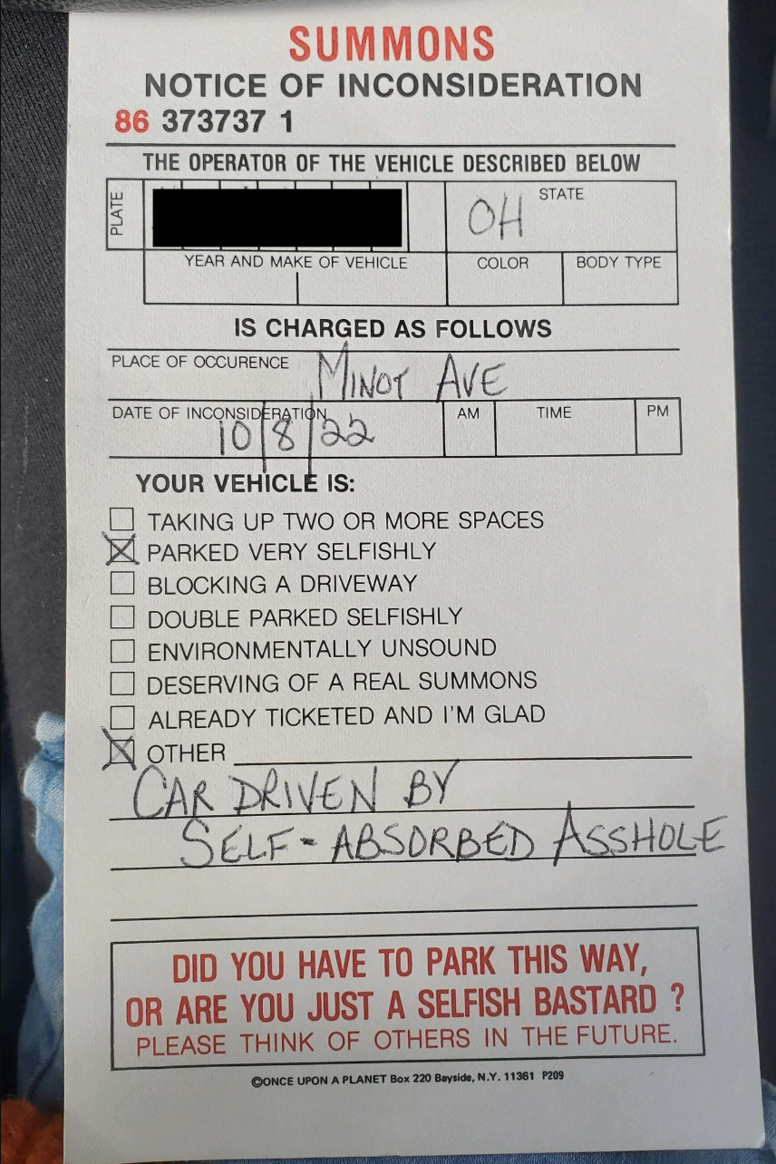 A ticket that called a driver a &quot;self-absorbed asshole&quot;