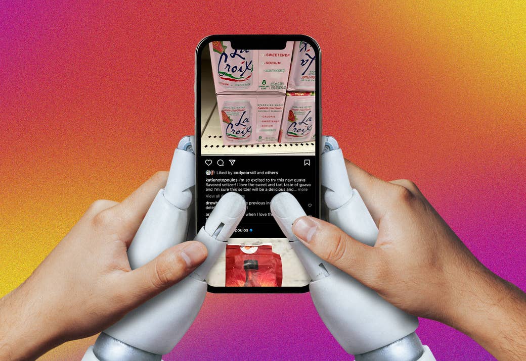 Human hands over robot hands holding a phone.