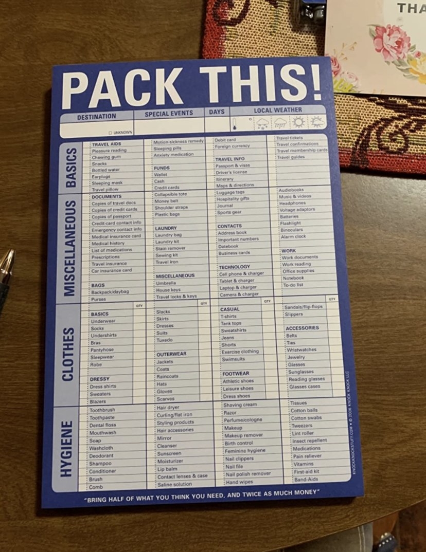the packing list notepad with blue details