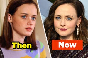 Alexis Bledel in Gilmore Girls and on the red carpet, text: Then Now
