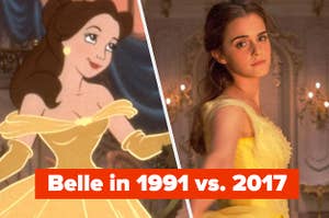 The animated version of Belle and Emma Watson as Belle, text: Belle in 1991 vs. 2017