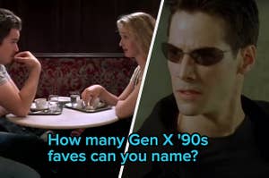 Jesse and Céline sit in a booth in "Before Sunrise," Neo wears sunglasses in a scene from "The Matrix"