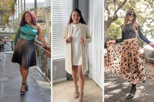 on left: reviewer in off-shoulder green shimmery bodysuit. in middle: reviewer in white knee-length jacket. on right: model in beige midi skirt with black floral print