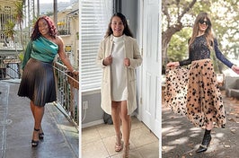on left: reviewer in off-shoulder green shimmery bodysuit. in middle: reviewer in white knee-length jacket. on right: model in beige midi skirt with black floral print