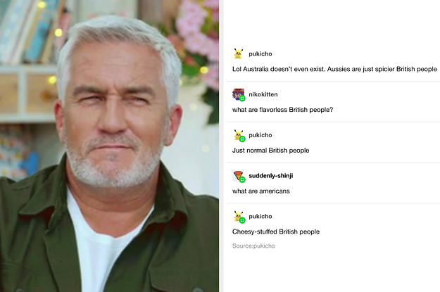 A tumblr post making fun of Brits, Australians, and Americans next to a photo of Paul Hollywood looking judgmental