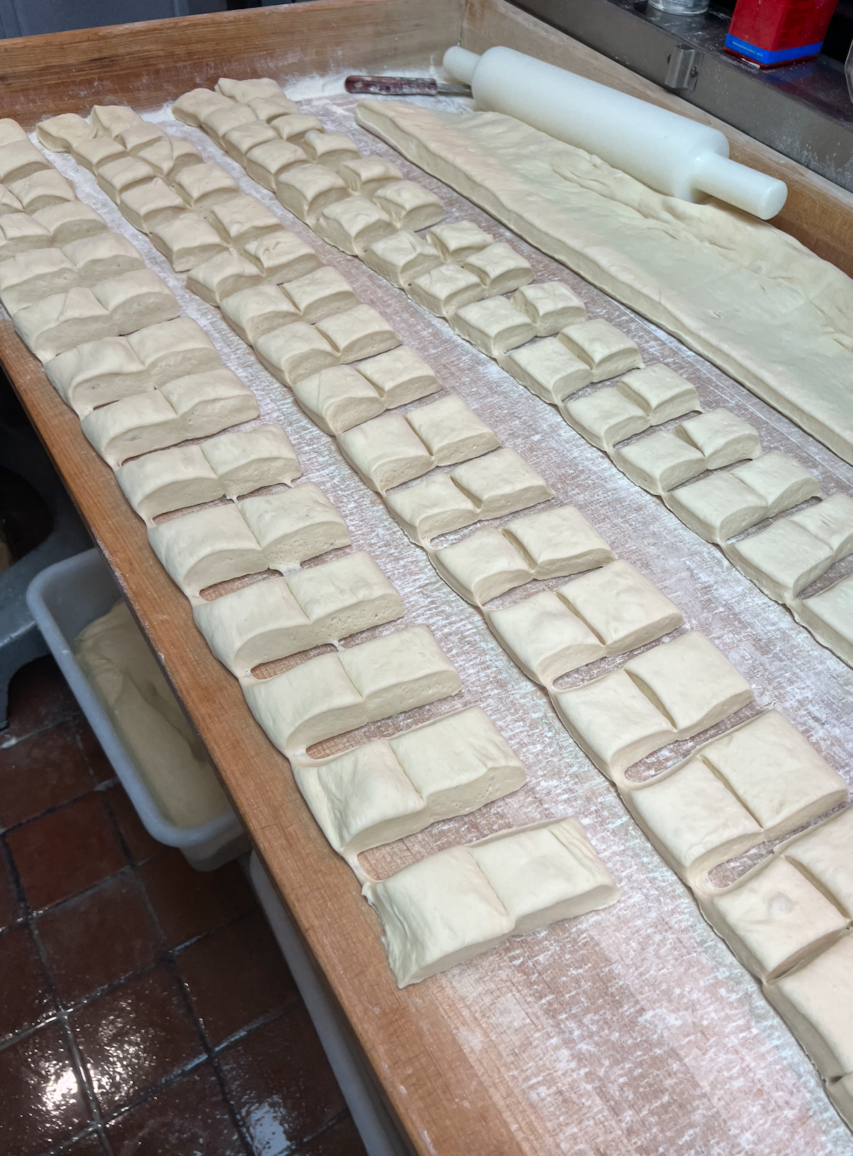 Rows and rows of rolls on a counter before being baked