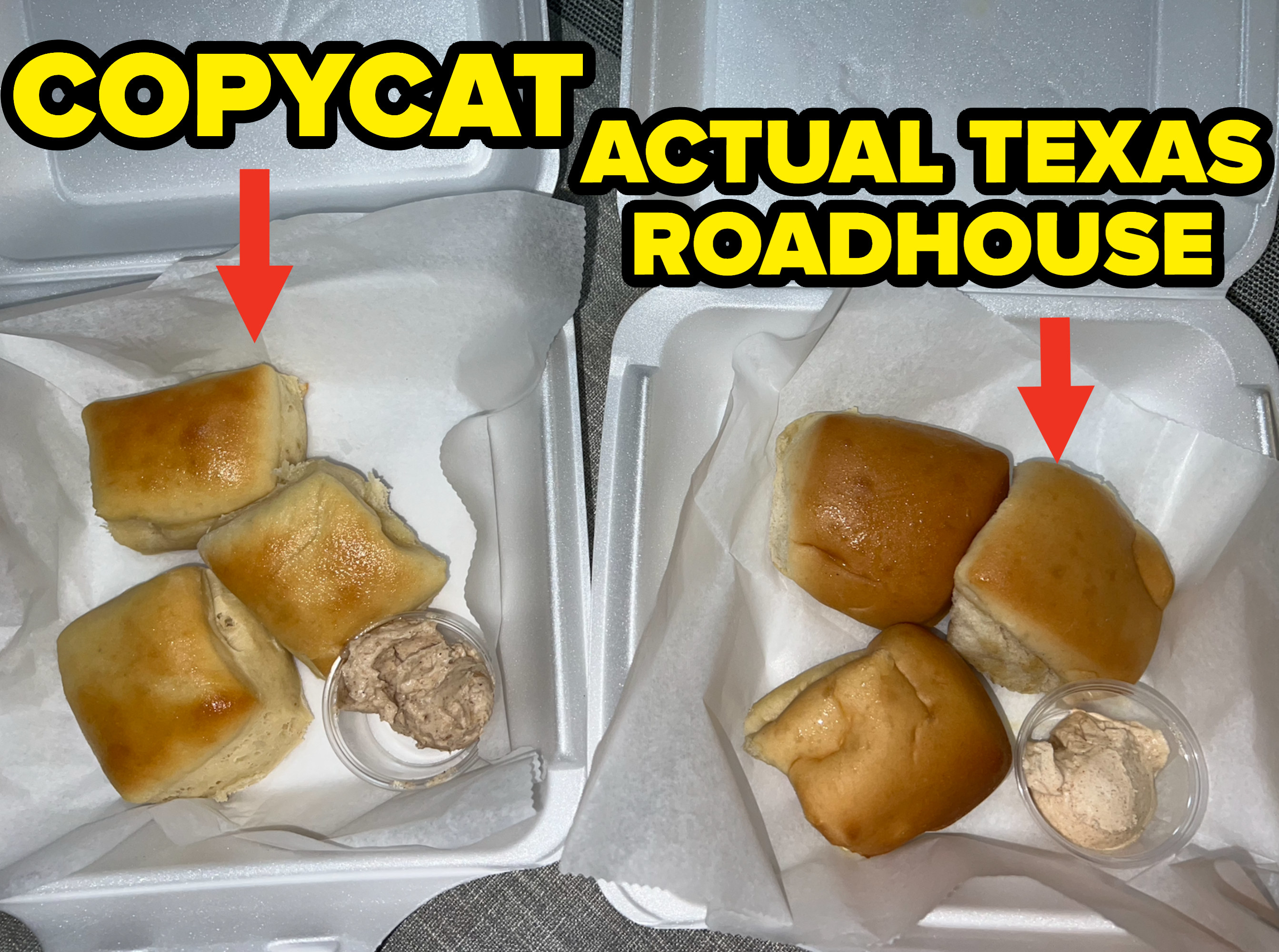 The copycat rolls on the left and the Texas Roadhouse rolls on the right