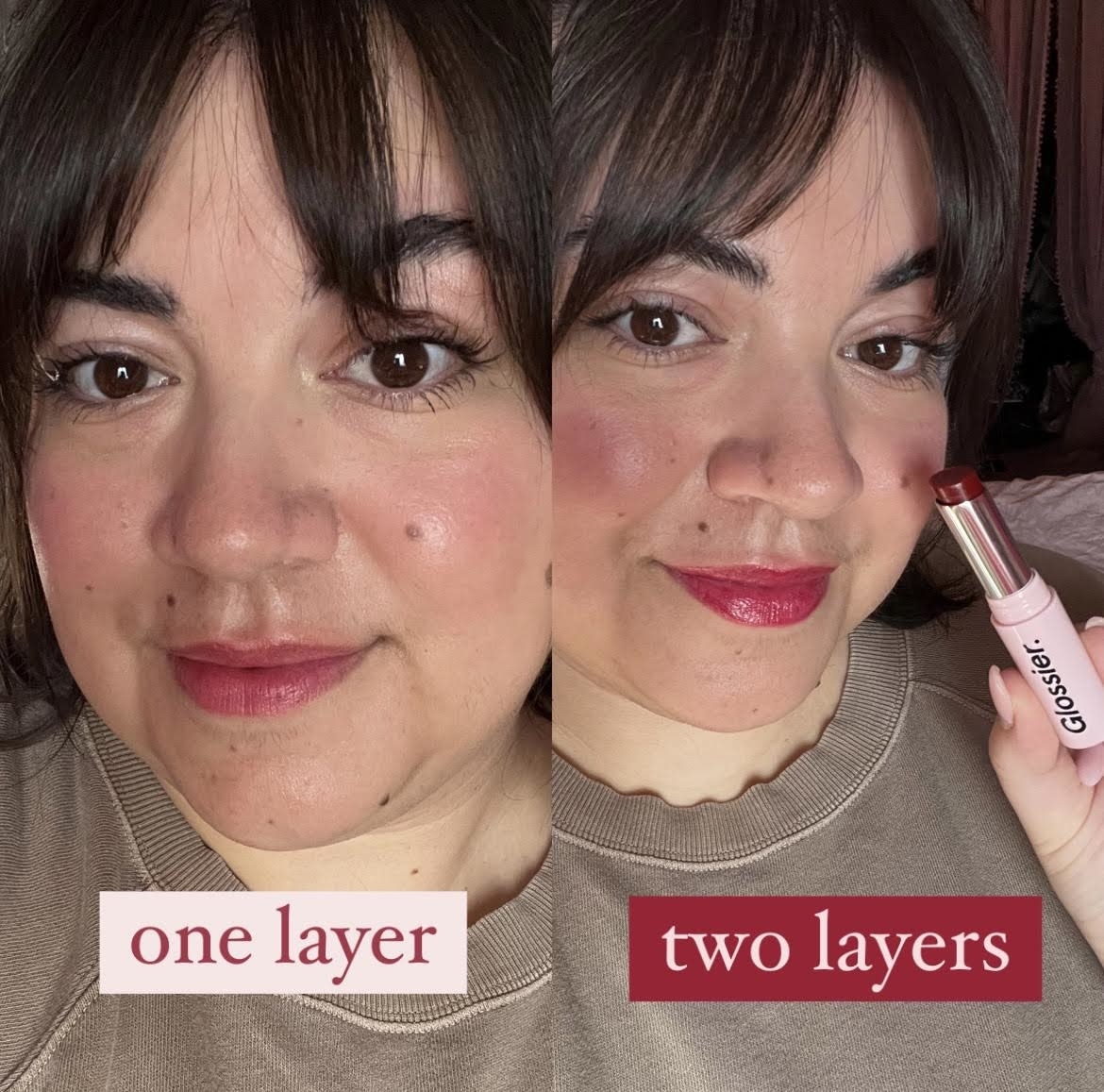 a split photo of Bianca showing the difference between one layer and two layers of the lipstick