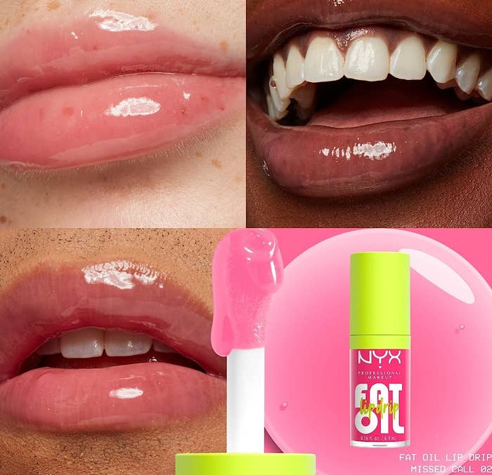 the lip oil bottle and three people wearing it on their lips