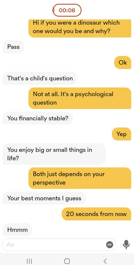 Screenshot of a Bumble message exchange