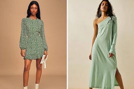 Model wearing green and flower dress and model wearing green dress