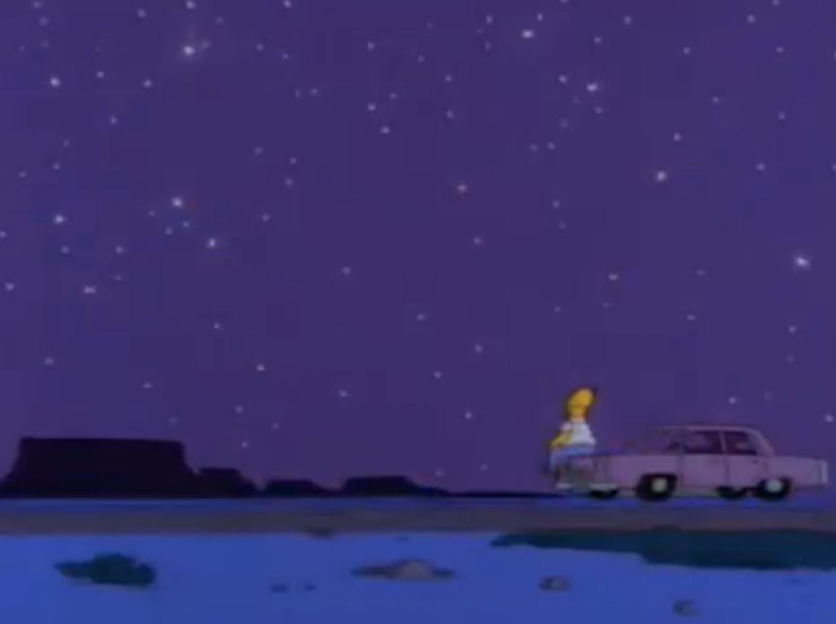 Homer sitting on his car looking at the sky
