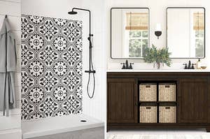 on left, black-and-white tiled shower wall inside shower. on right, dark brown wood vanity below two square-shaped mirrors in bathroom