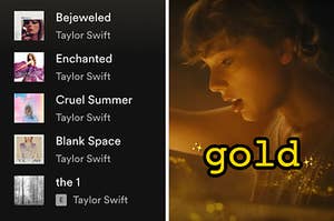 On the left, a Taylor Swift Spotify playlist, and on the right, Taylor Swift opening a box in the Cardigan music video labeled gold