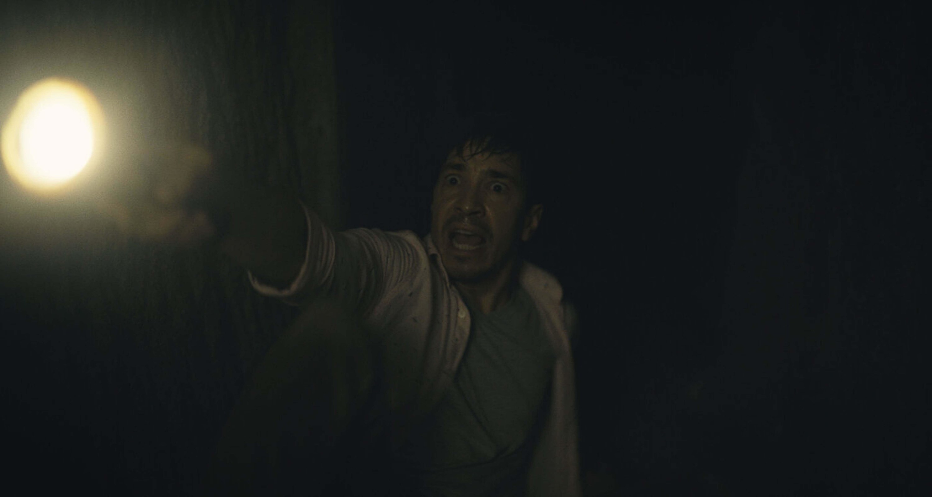 A terrified man holds a flashlight in a dark hallway