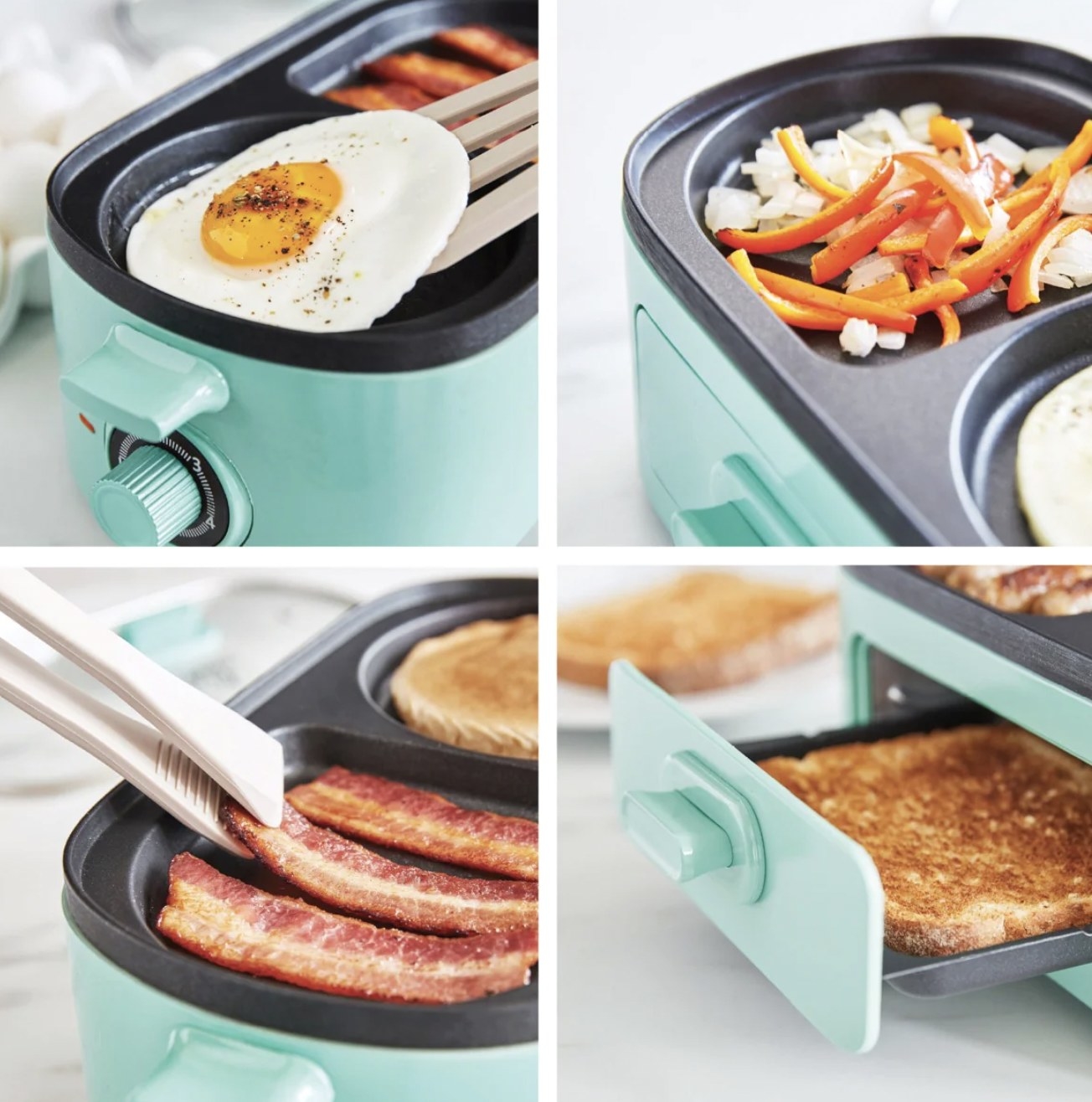 Four-way split image showing various angles of the teal breakfast maker: frying sunny side up egg (top left), veggies being grilled (top right), tongs flipping bacon strips (bottom left), and drawer on bottom pulled open to show brown toast (bottom right)