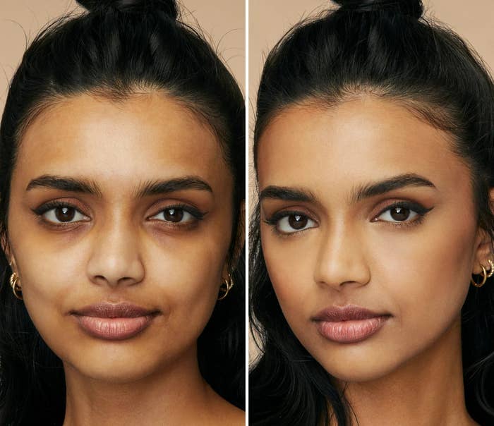 Before and after photo of a model wearing the concealer #122