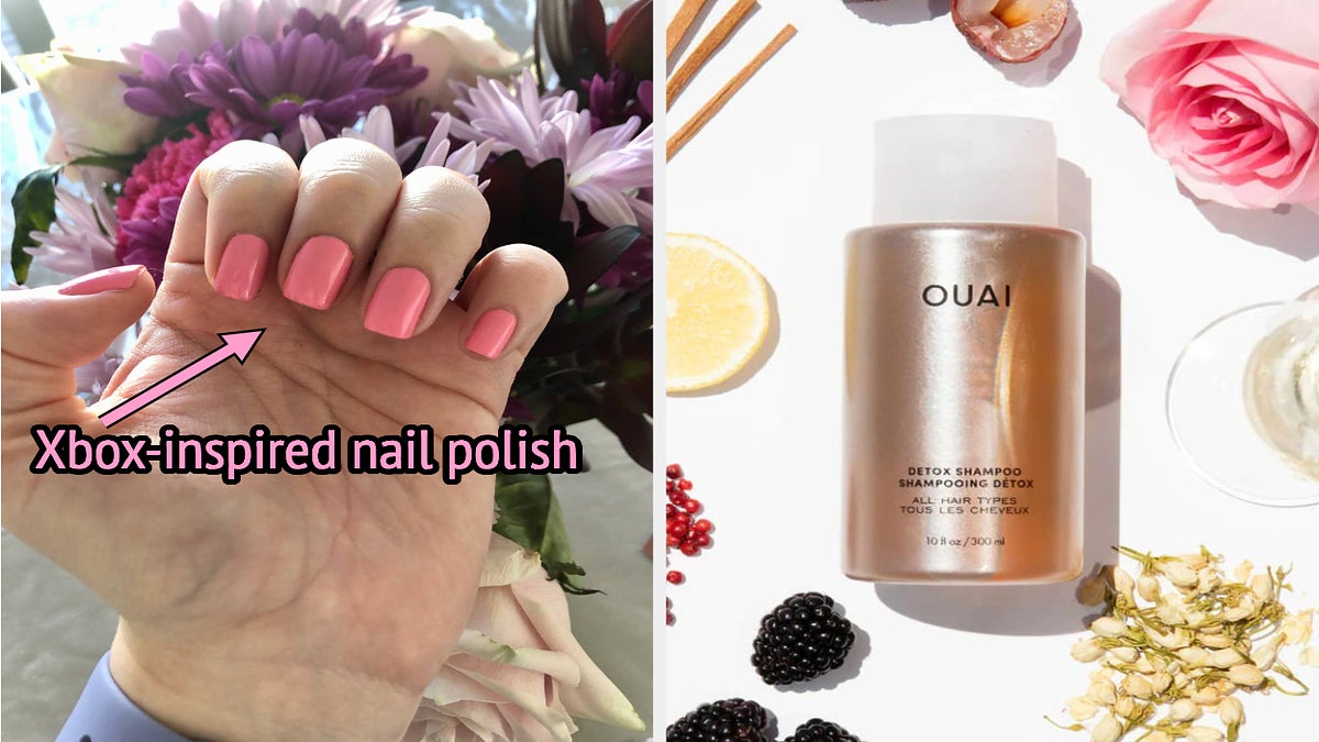 to the left: buzzfeed editor with pink nails, to the right: ouai detox shampoo