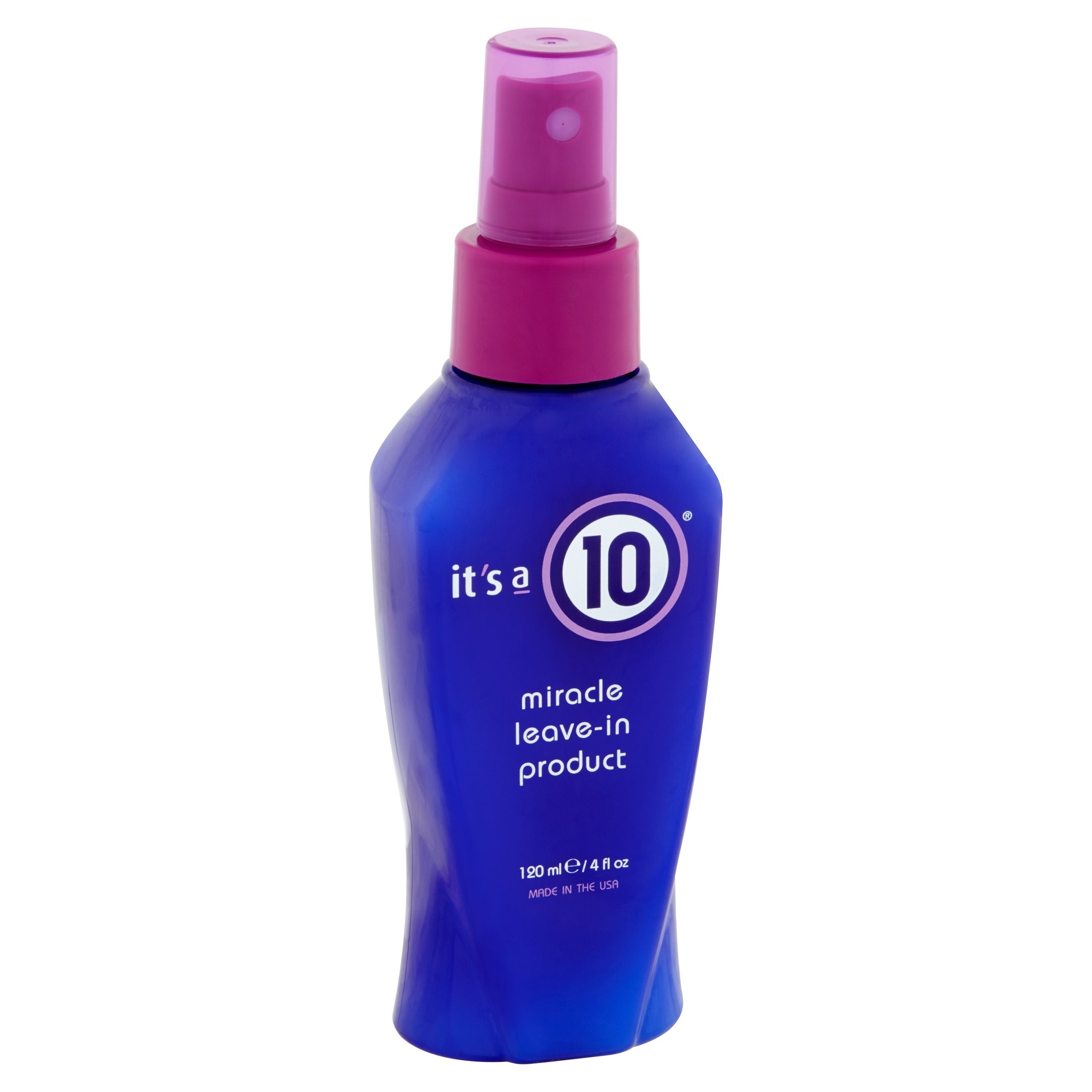 Blue bottle of hair product with a purple spray nozzle
